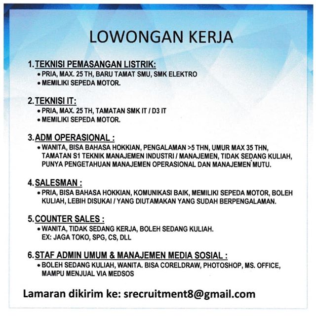 Lowongan Kerja Teknisi, Admin, Salesman & Manajemen Sosial Media